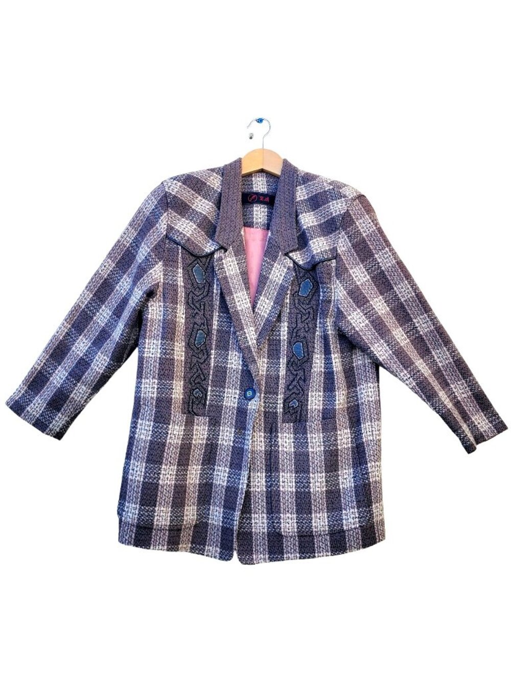 Brown Jacket Tweed Wool Vintage Womens Blazer 1980s Embellished Embroidered M